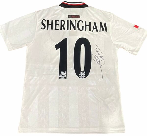 teddy sheringham personally signed manchester united away jersey.