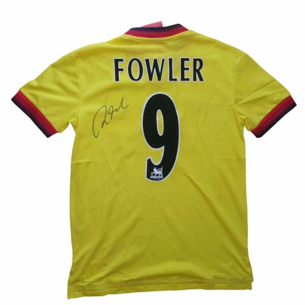 robbie fowler personally signed liverpool yellow retro shirt