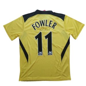 robbie fowler personally signed liverpool yellow retro shirt